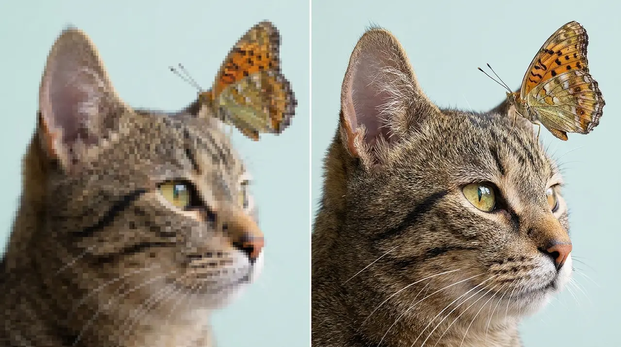 AI upscaled photo of a cat with a butterfly, before and after
