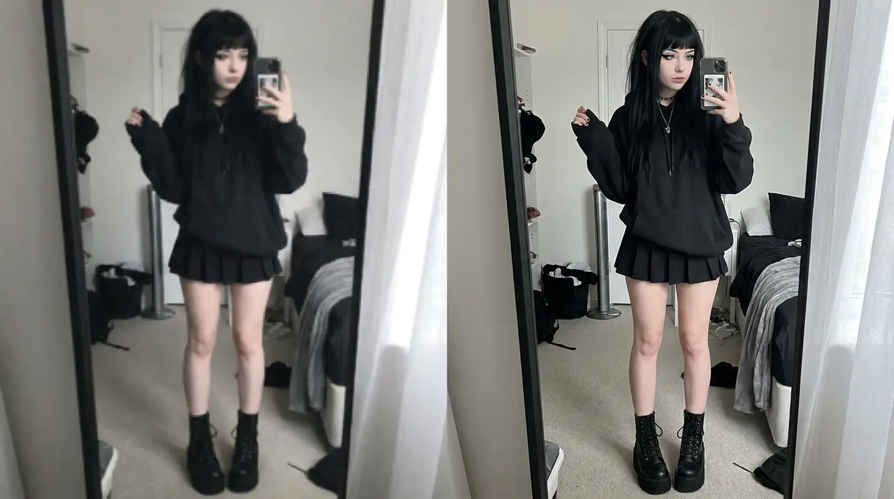 AI upscaled full-body portrait photo, before and after
