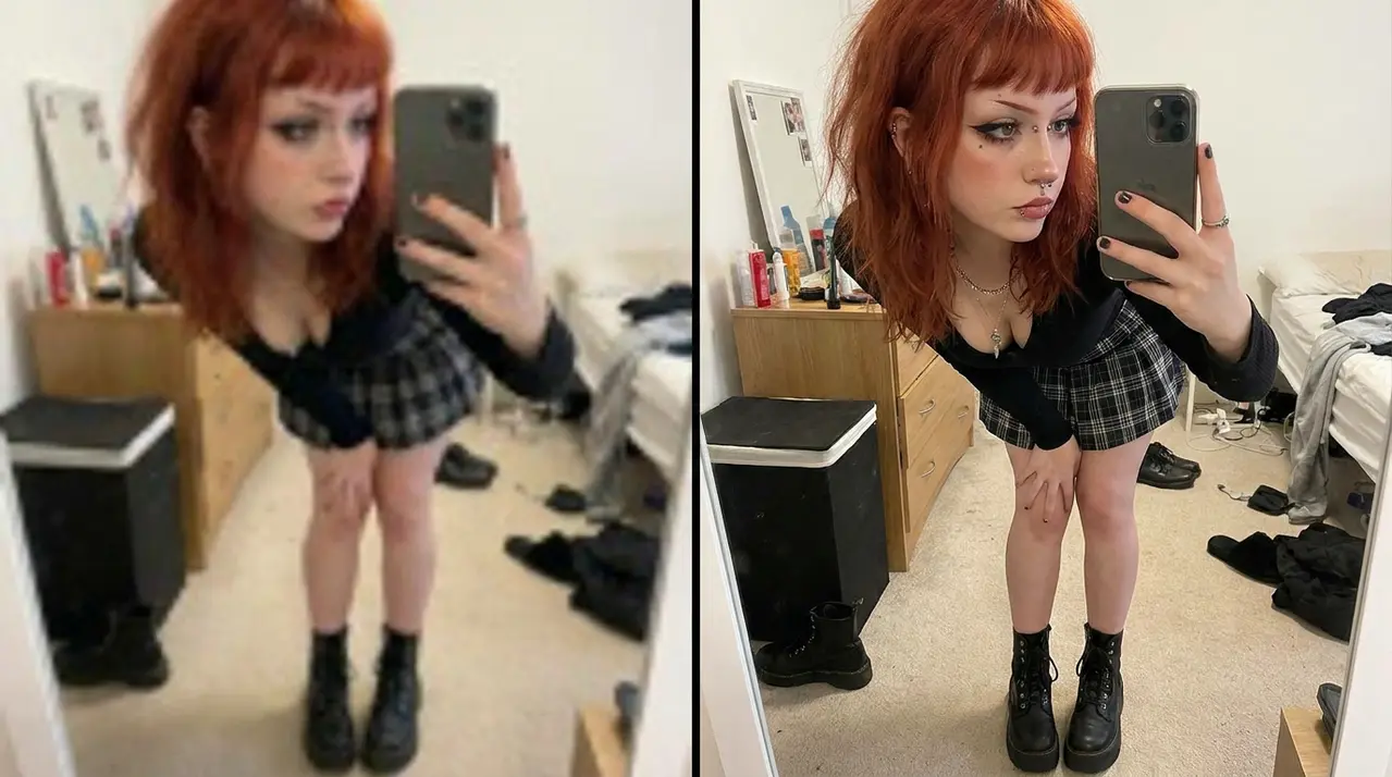 AI upscaled portrait photo of a woman with red hair, before and after